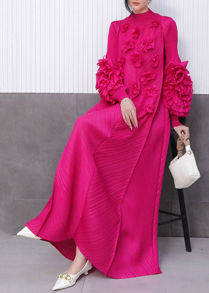 Rose Stand Collar Decorated Long Dresses Summer