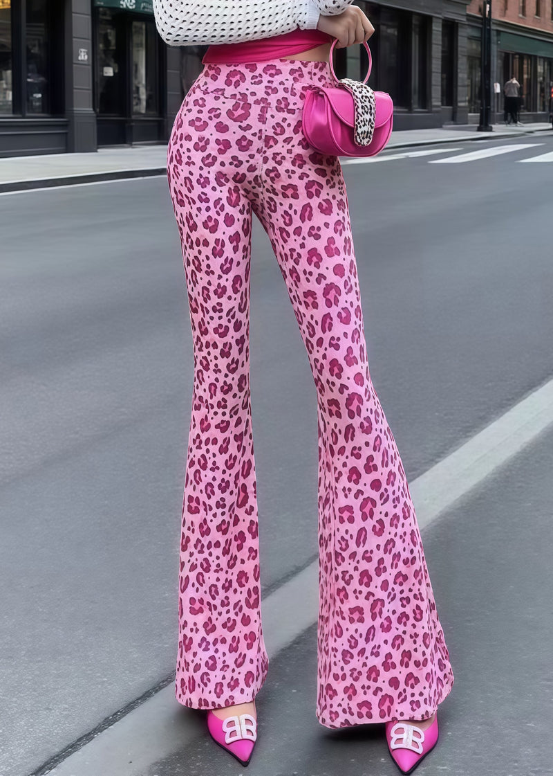 Rose Tummy Control Leopard Print Cotton Flared Trousers Summer