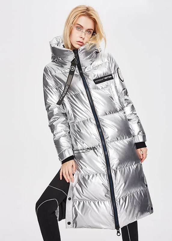 Silvery Stand Collar Zip Up Side Open Cotton Blend Winter Lengthen Coats