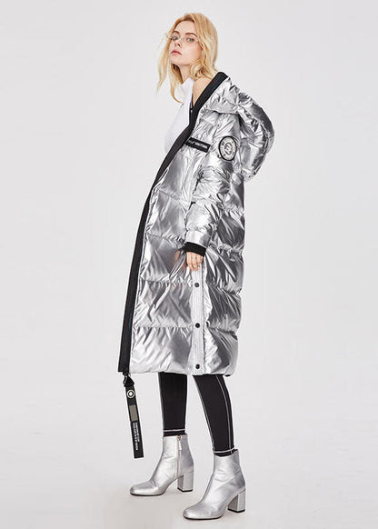 Silvery Stand Collar Zip Up Side Open Cotton Blend Winter Lengthen Coats
