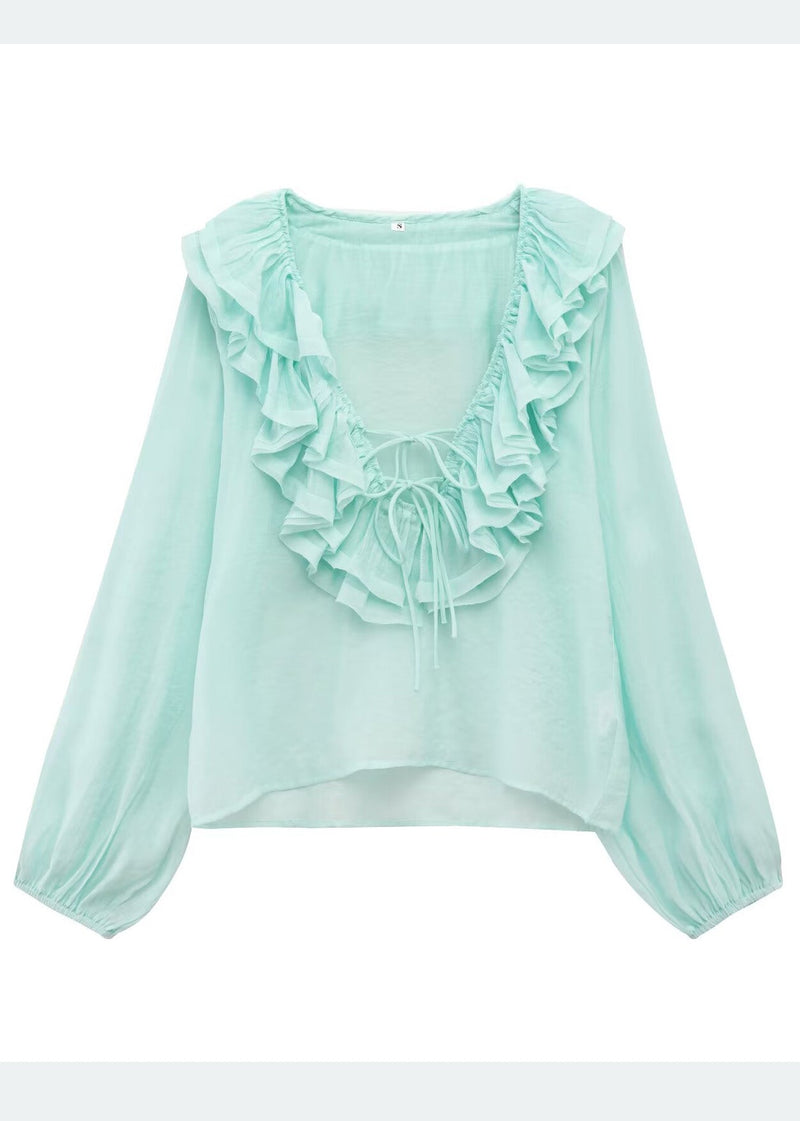 Sky Blue Ruffled Cotton Shirt Tops Summer