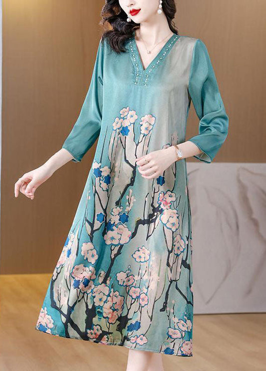 Sky Blue V Neck Print Silk Dresses Bracelet Sleeve