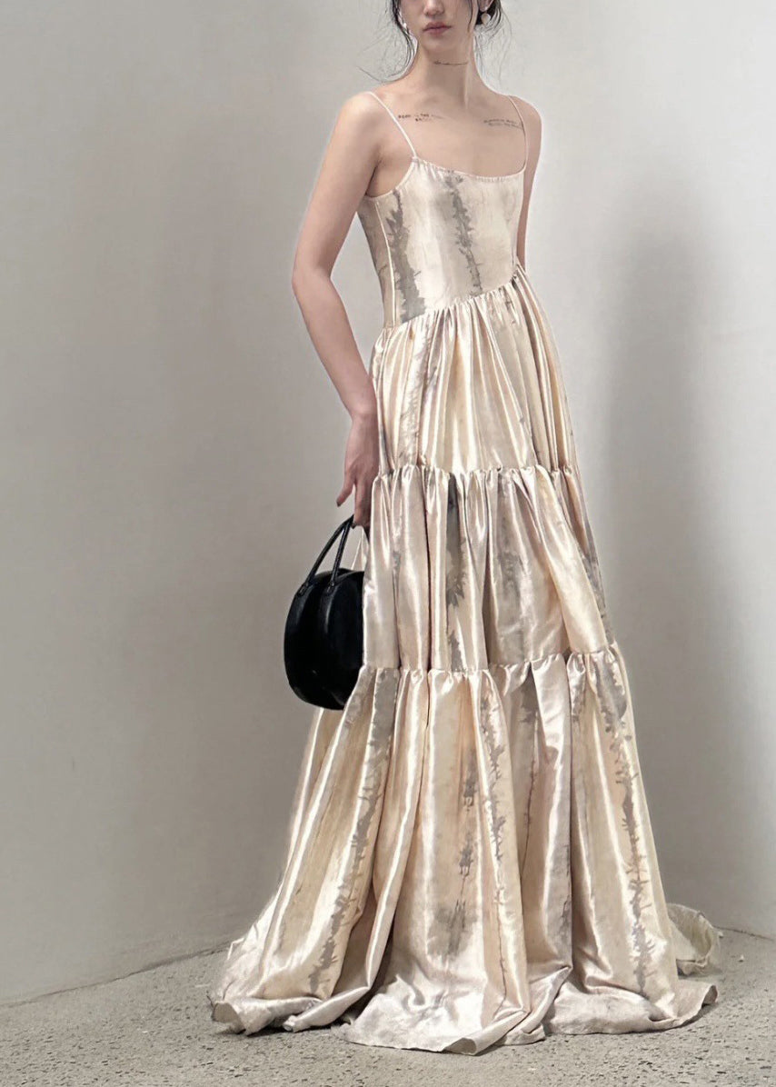 Slash Neck Print Patchwork Wrinkled Satin Long Slip Dress Summer