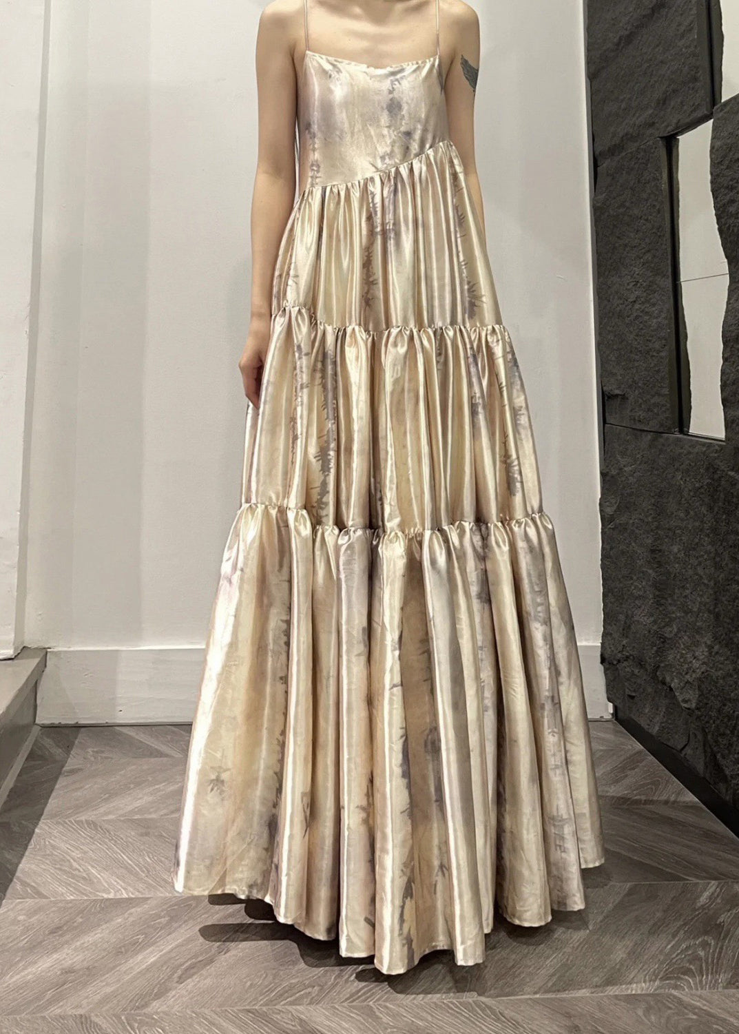 Slash Neck Print Patchwork Wrinkled Satin Long Slip Dress Summer