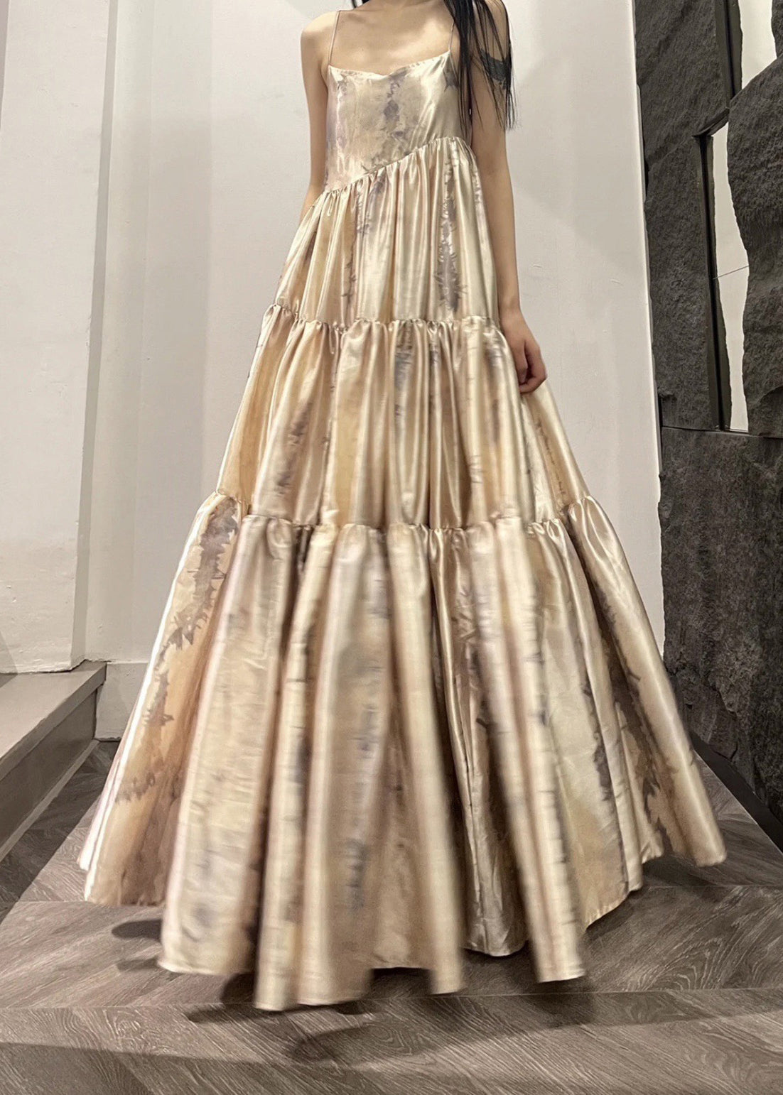 Slash Neck Print Patchwork Wrinkled Satin Long Slip Dress Summer