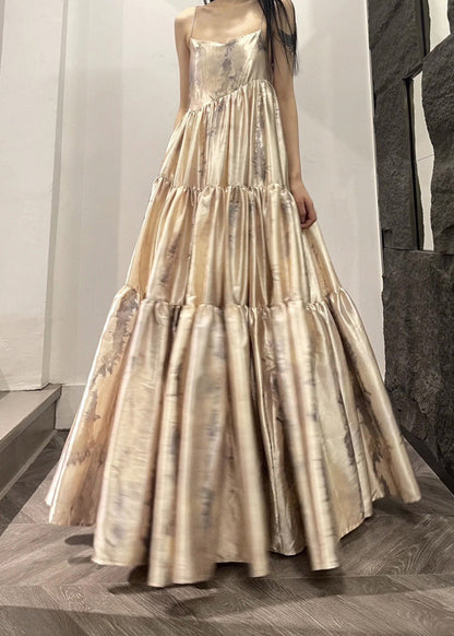 Slash Neck Print Patchwork Wrinkled Satin Long Slip Dress Summer