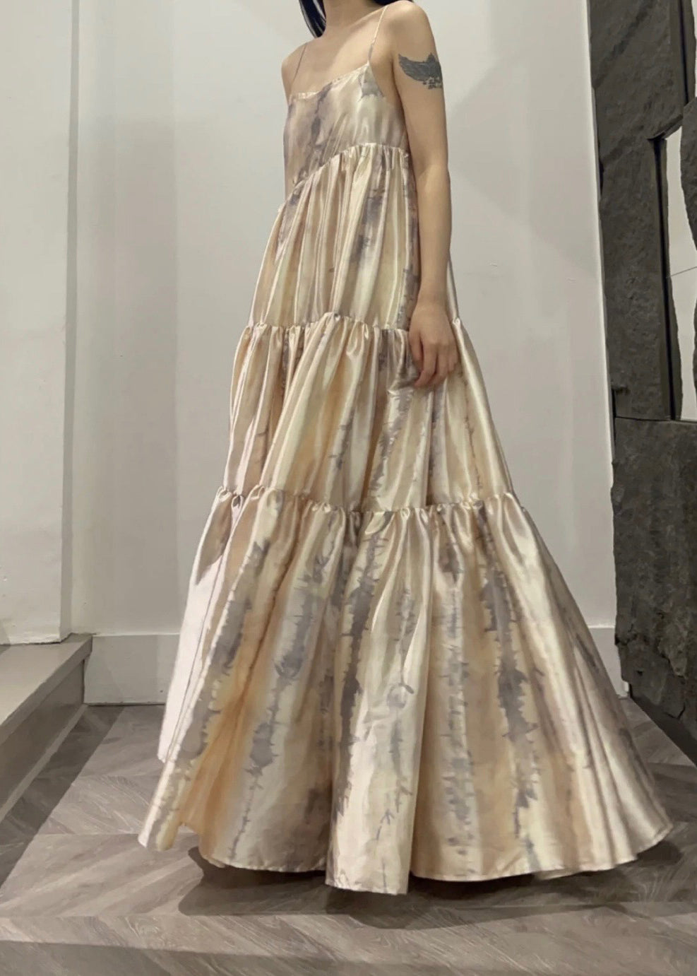 Slash Neck Print Patchwork Wrinkled Satin Long Slip Dress Summer