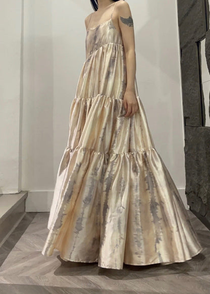 Slash Neck Print Patchwork Wrinkled Satin Long Slip Dress Summer