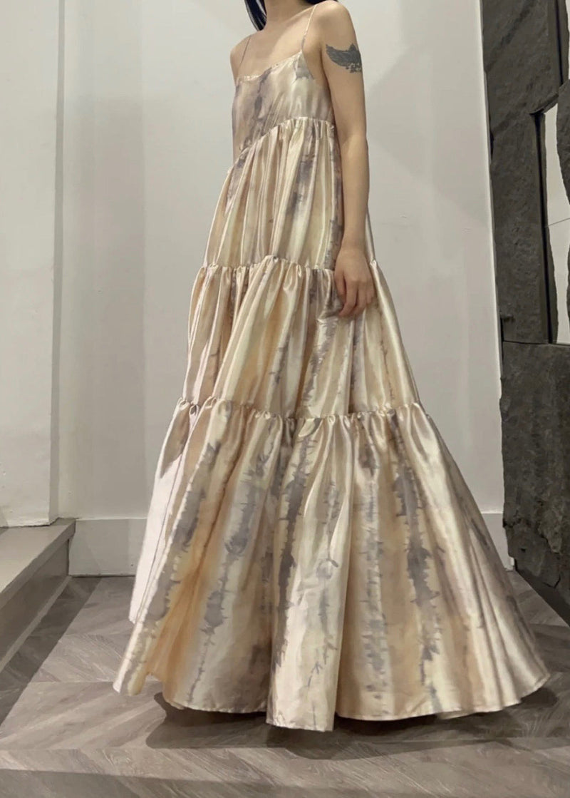 Slash Neck Print Patchwork Wrinkled Satin Long Slip Dress Summer