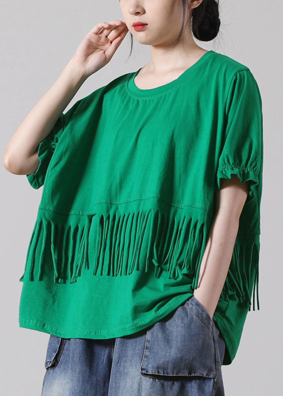 Green O-neck Patchwork Cotton Tank Tops Short Sleeve