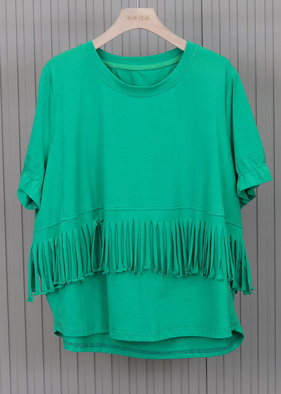 Green O-neck Patchwork Cotton Tank Tops Short Sleeve