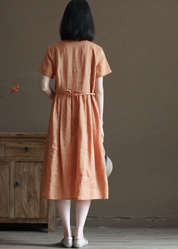 Orange V Neck Wrinkled Linen Cinch Dress Short Sleeve