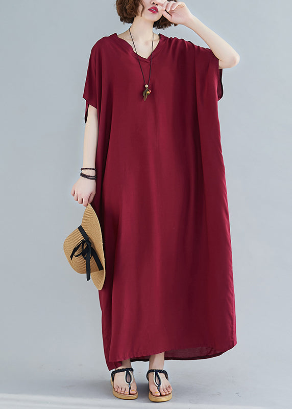 Red V Neck Cotton Ankle Dress Short Sleeve
