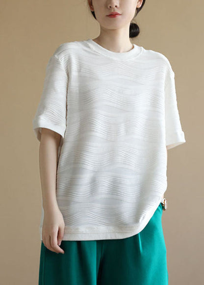 White O-neck Wrinkled Cotton Tanks Short Sleeve