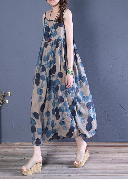 Spaghetti Strap Cinched Cotton Dresses Runway Blue Print a Line Dress