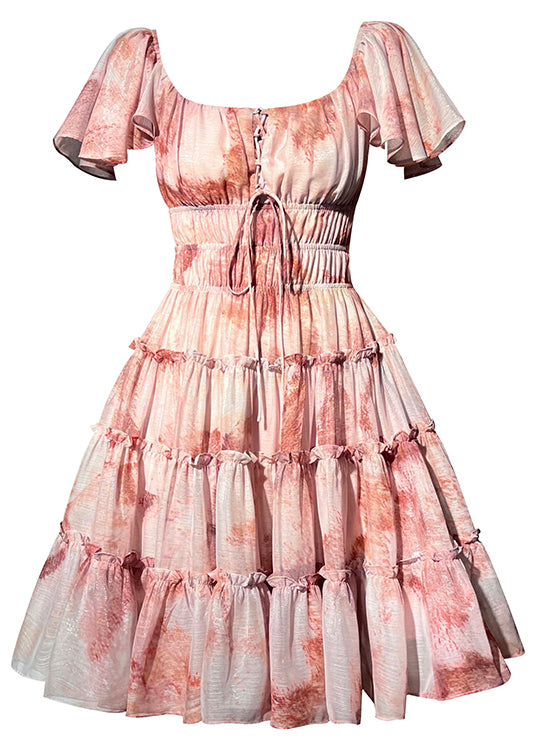 Square Collar Print Chiffon Mid Dresses Short Sleeve