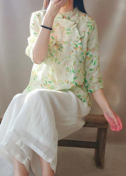 Bohemian Stand Collar Half Sleeve Clothes For Women Green Leaves Tops