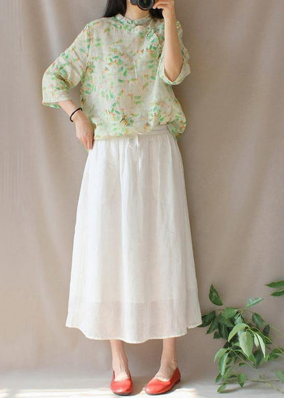 Bohemian Stand Collar Half Sleeve Clothes For Women Green Leaves Tops