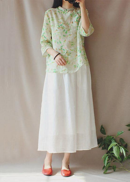 Bohemian Stand Collar Half Sleeve Clothes For Women Green Leaves Tops