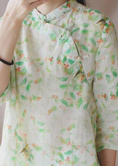 Bohemian Stand Collar Half Sleeve Clothes For Women Green Leaves Tops