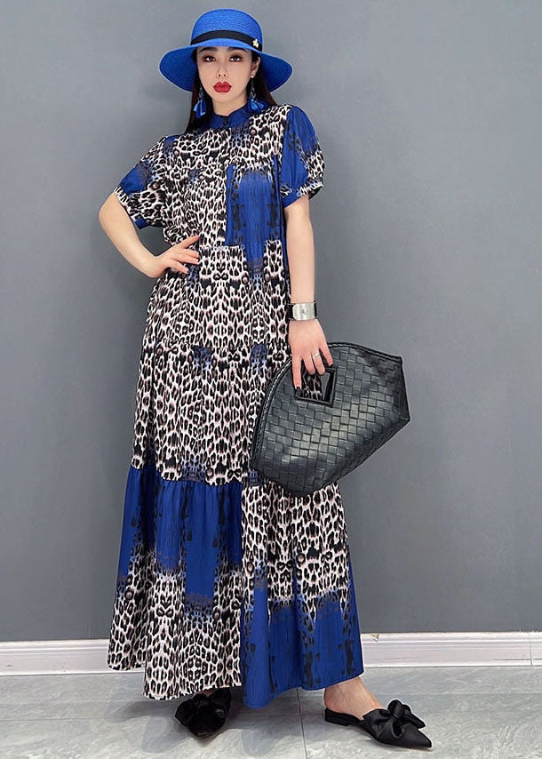 Stand Collar Leopard Print Wrinkled Long Dress Short Sleeve