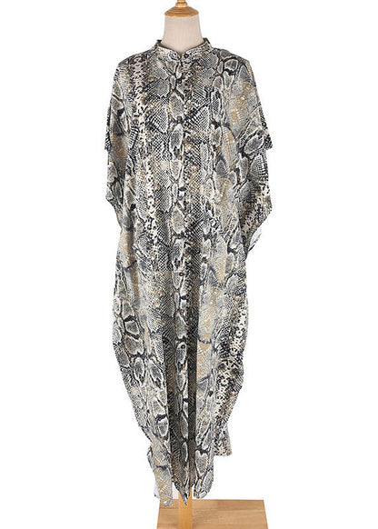 Stand Collar Print Button Side Open Maxi Shirts Dresses Summer