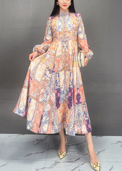 Stand Collar Print Cotton Long Dress Fall