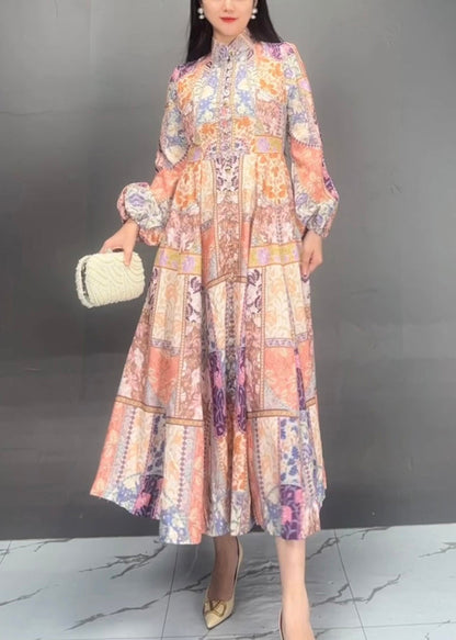 Stand Collar Print Cotton Long Dress Fall