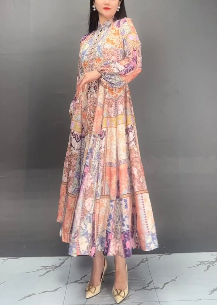 Stand Collar Print Cotton Long Dress Fall