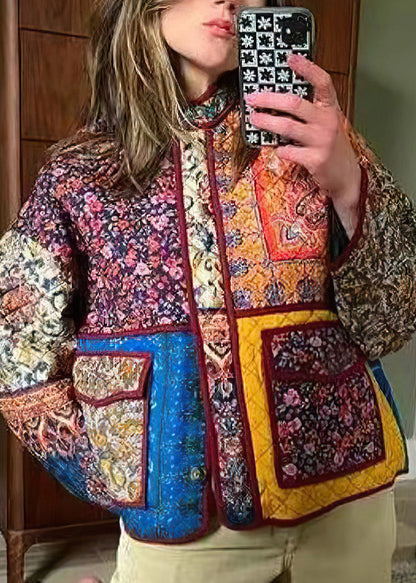 Stand Collar Print Loose Fine Cotton Filled Jacket Spring