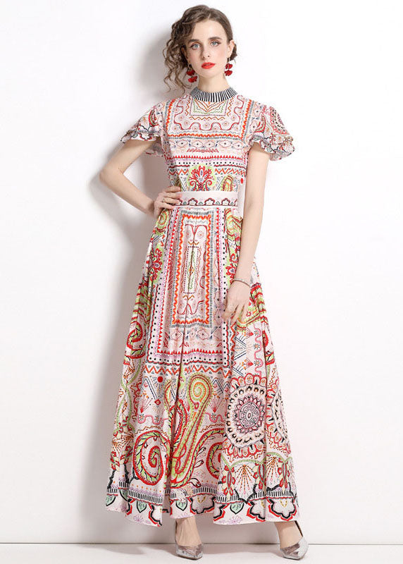 Stand Collar Print Wrinkled Patchwork Chiffon Maxi Dresses Summer