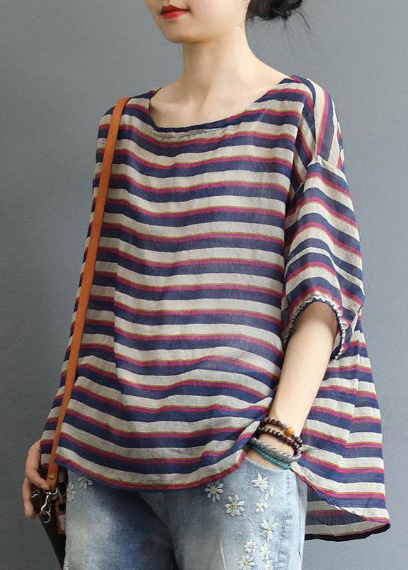 Striped O-neck Asymmetrical Design Print Fall Top