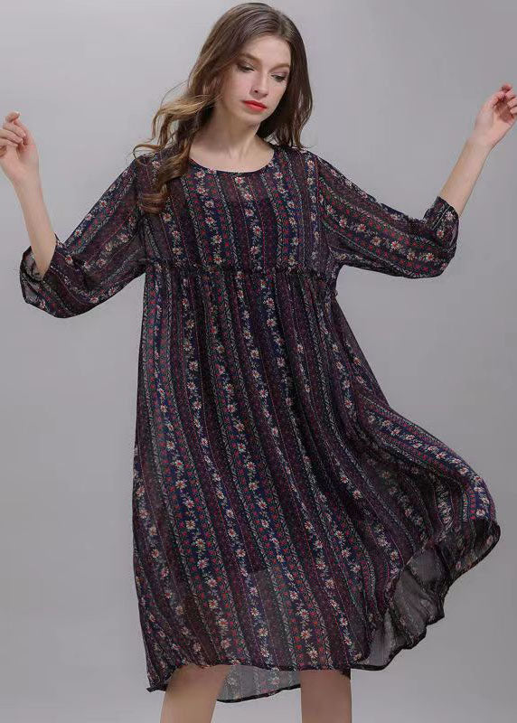 Striped O Neck Wrinkled Patchwork Chiffon Dresses Half Sleeve