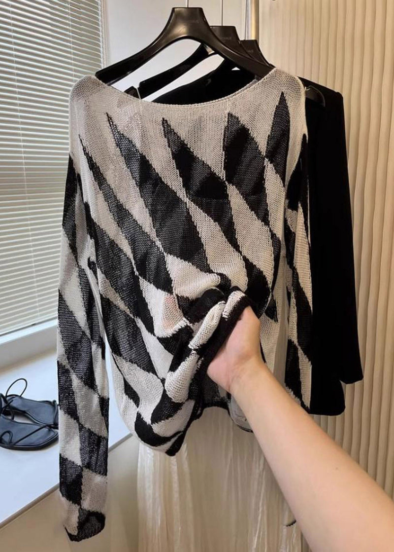 Striped Plaid Slash Neck Knit Top Spring