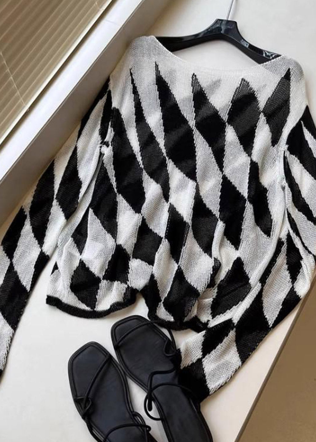Bohemian Striped Plaid Slash Neck Knit Top Spring