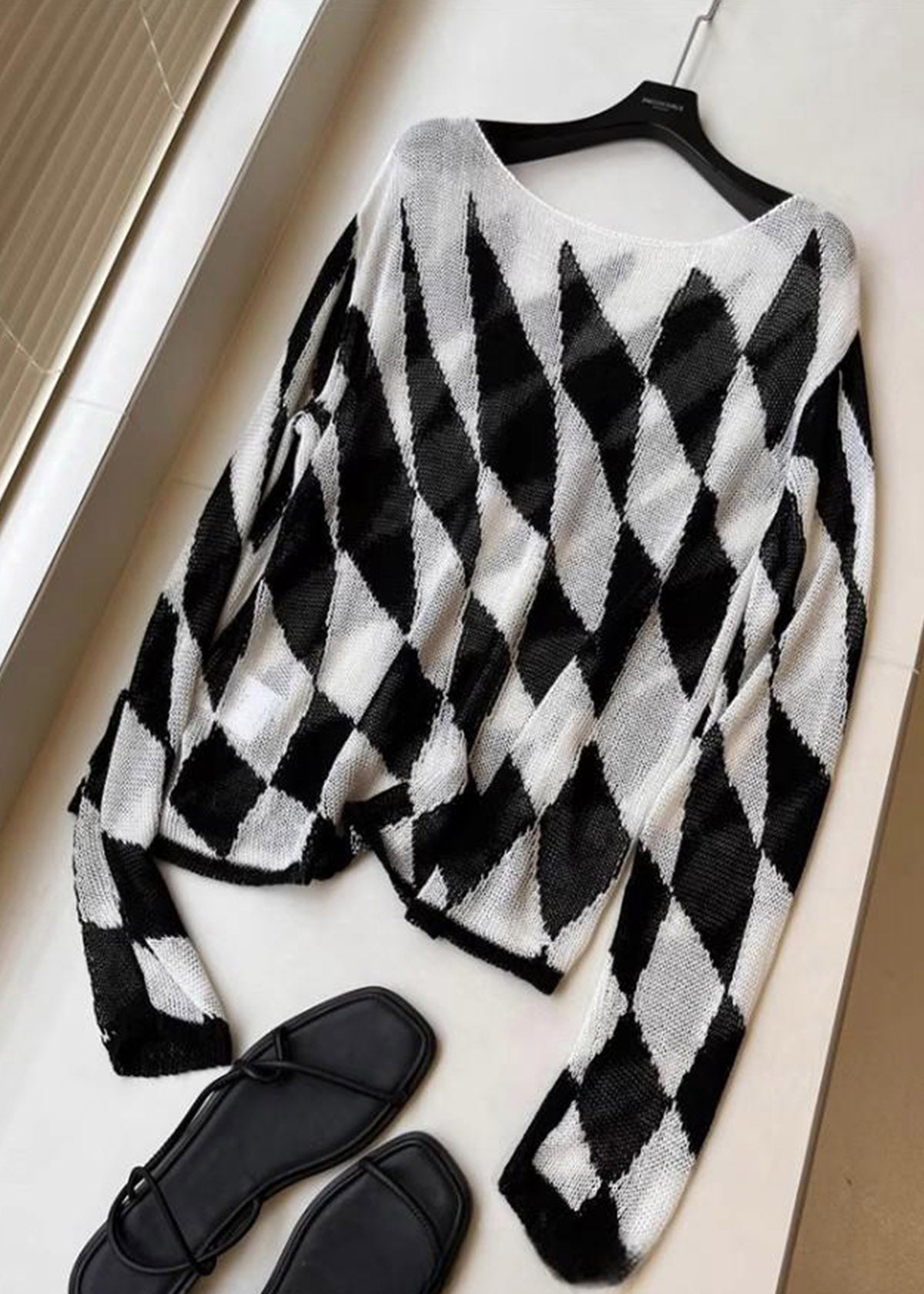 Bohemian Striped Plaid Slash Neck Knit Top Spring