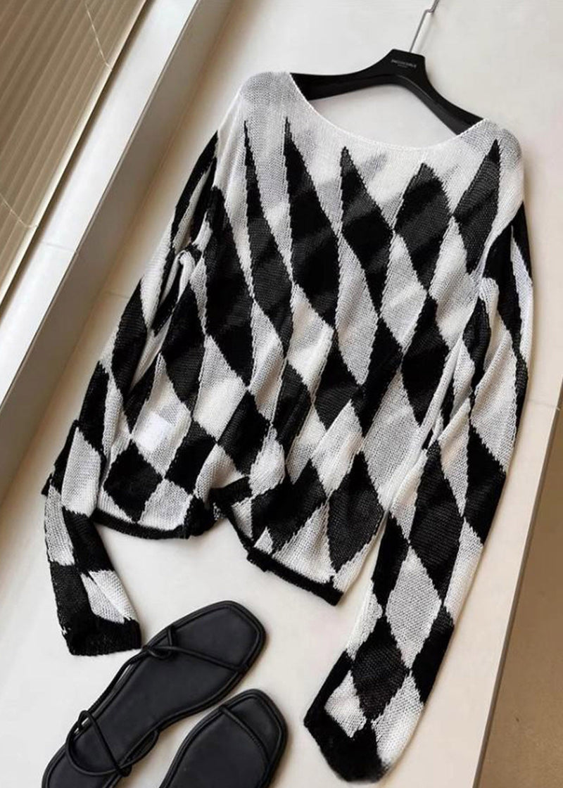Striped Plaid Slash Neck Knit Top Spring