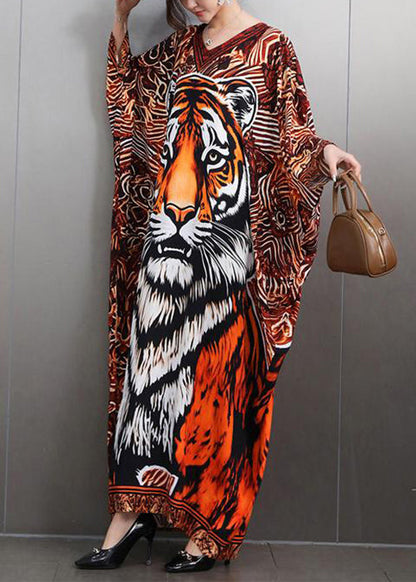 V Neck Animal Print Maxi Dresses Batwing Sleeve