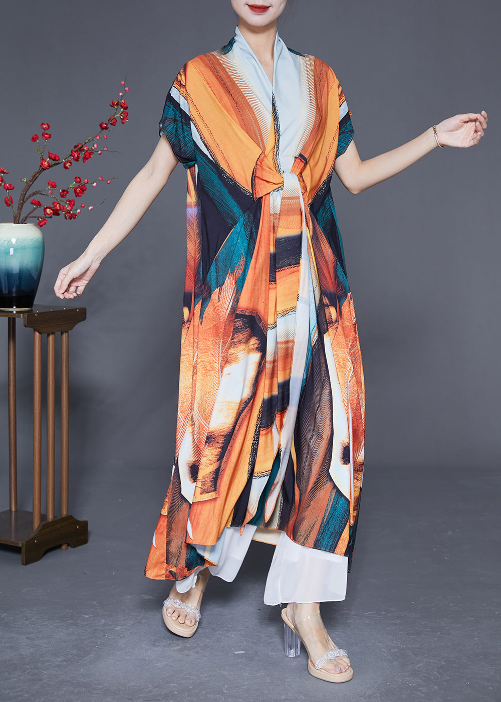 V Neck Lace Up Print Silk Holiday Dress Summer