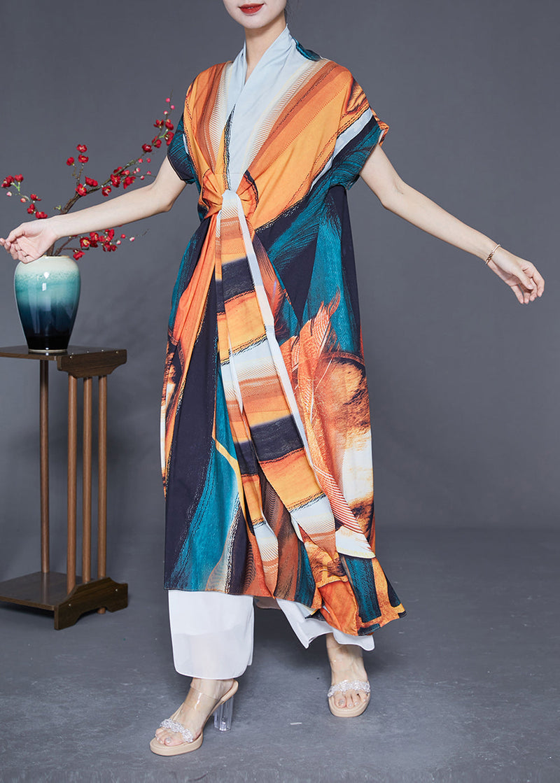V Neck Lace Up Print Silk Holiday Dress Summer