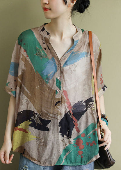 V Neck Print Button Shirt Tops Half Sleeve
