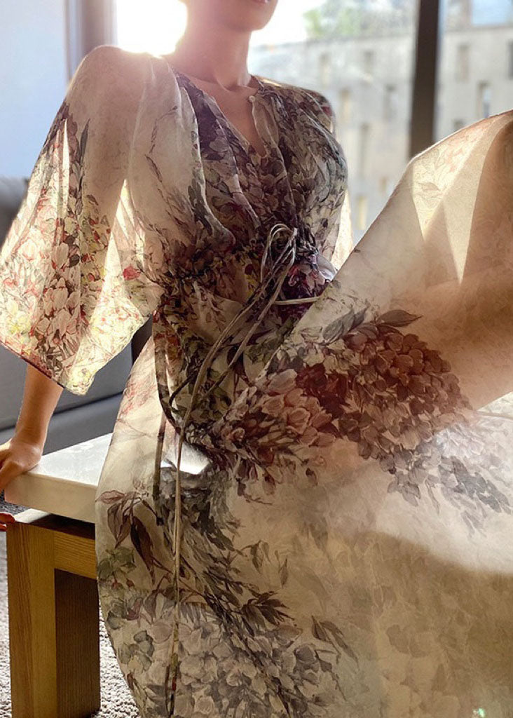 V Neck Print Drawstring Chiffon Maxi Dresses Half Sleeve