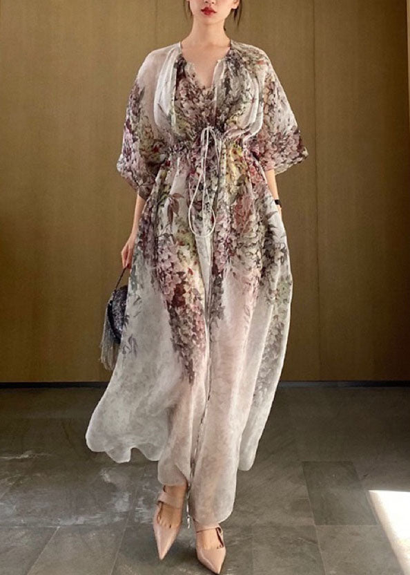 V Neck Print Drawstring Chiffon Maxi Dresses Half Sleeve