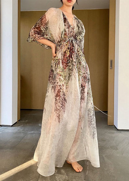 V Neck Print Drawstring Chiffon Maxi Dresses Half Sleeve