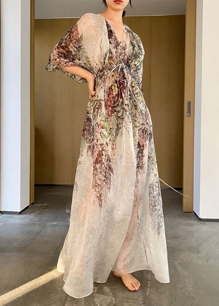 V Neck Print Drawstring Chiffon Maxi Dresses Half Sleeve