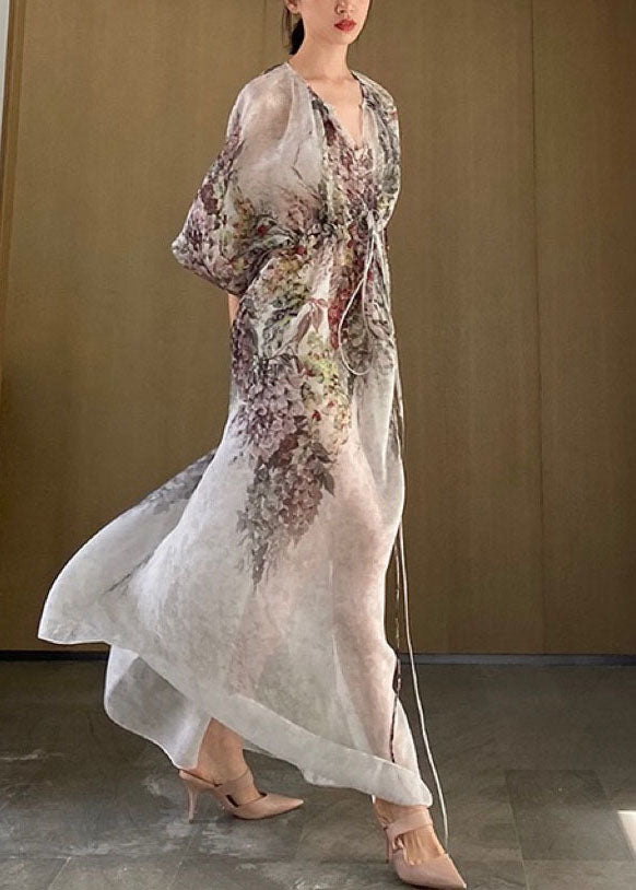 V Neck Print Drawstring Chiffon Maxi Dresses Half Sleeve