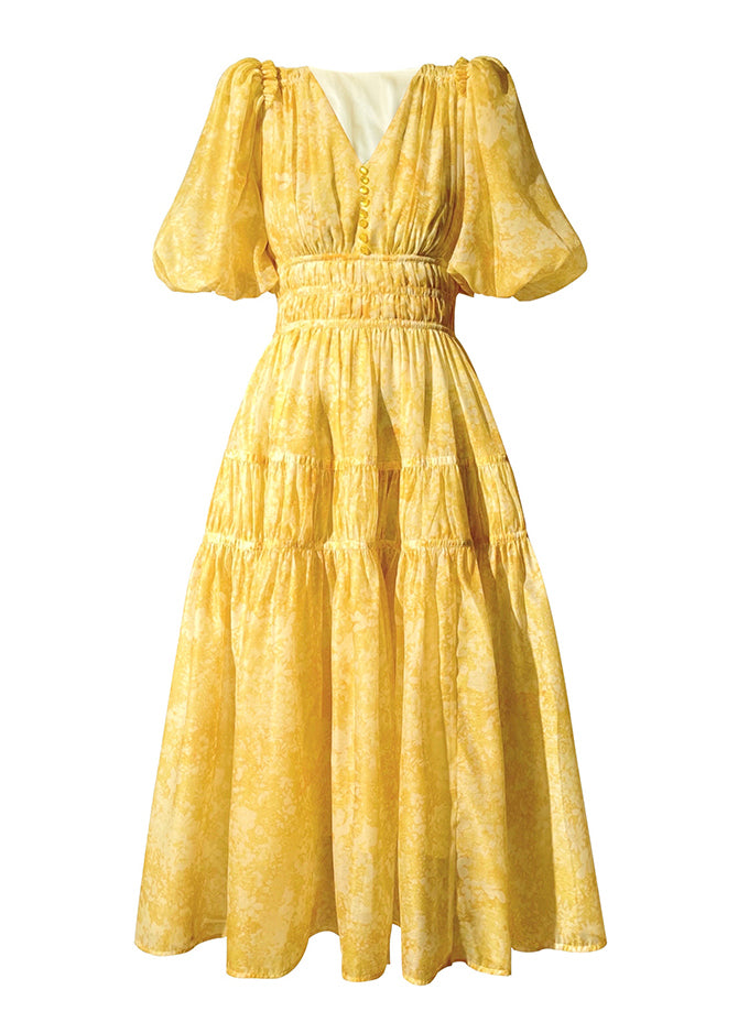 V Neck Print Wrinkled Button Silk Maxi Dress Short Sleeve