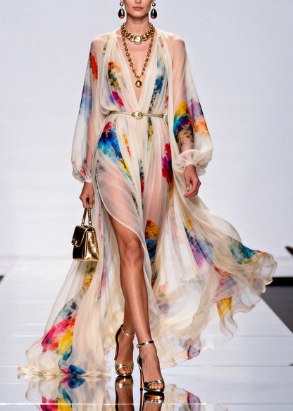 V Neck Side Open Print Cotton Robe Dresses Spring