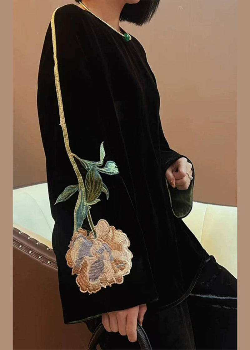 Black Embroidered Patchwork Velour Tops Fall