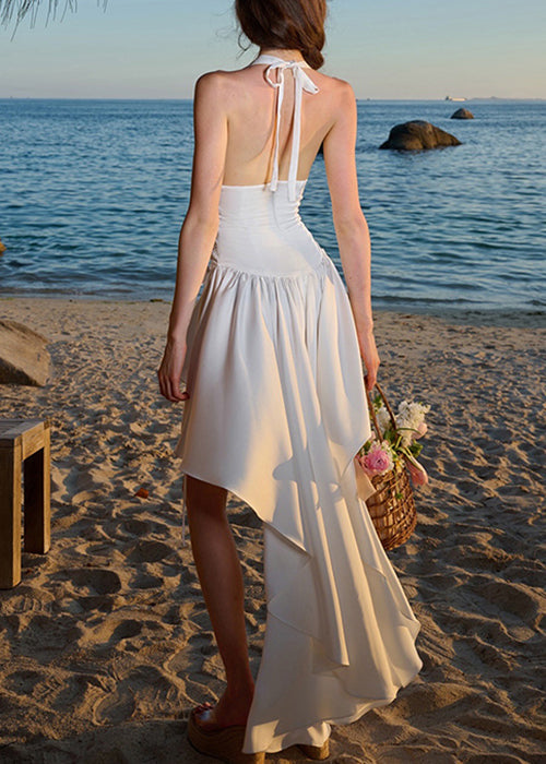 White Backless Low High Design Vacation Dress Sleeveless